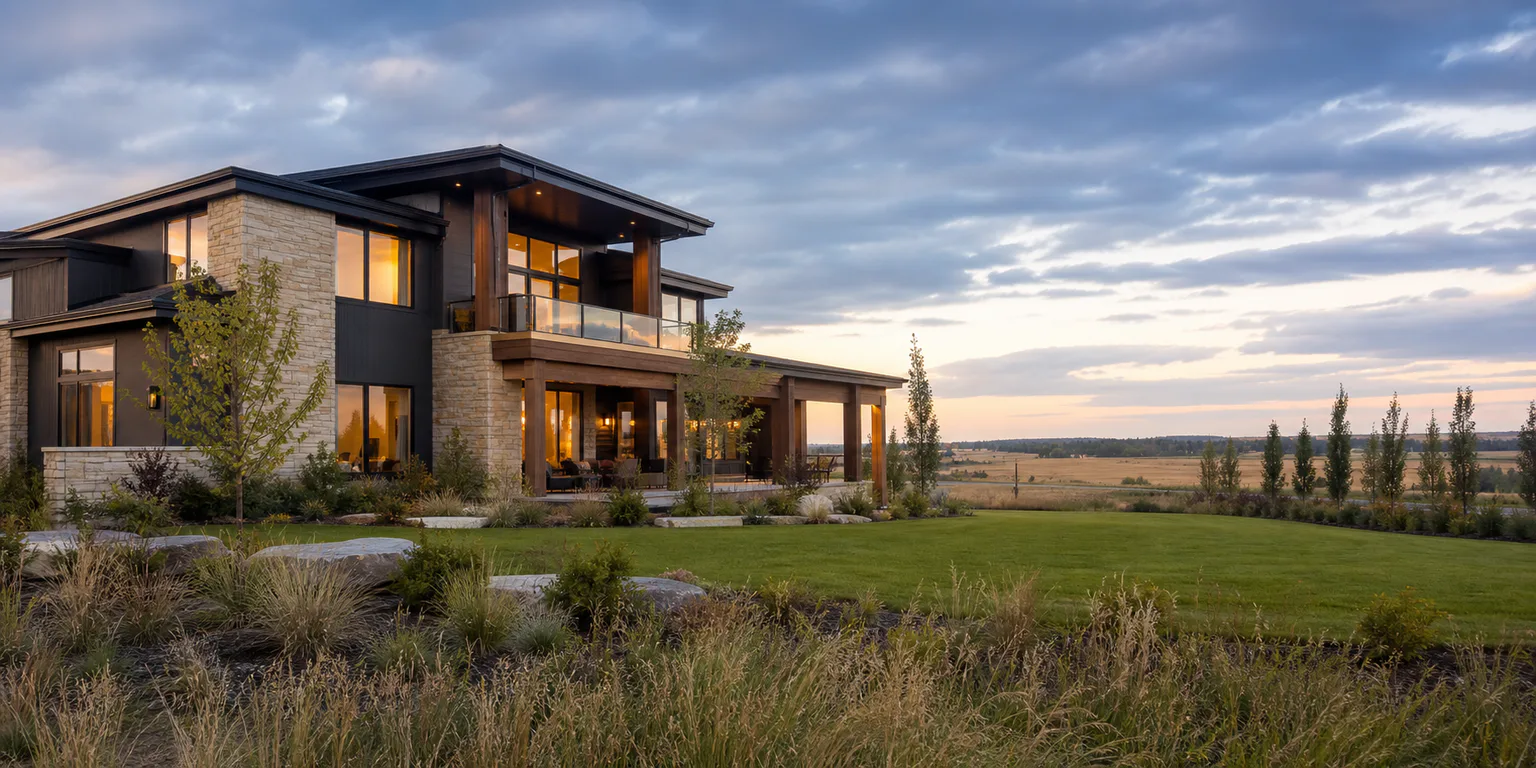 Editorial image: a contemporary two-storey estate home with warm interior light at blue hour, facing open prairie and young landscaping.