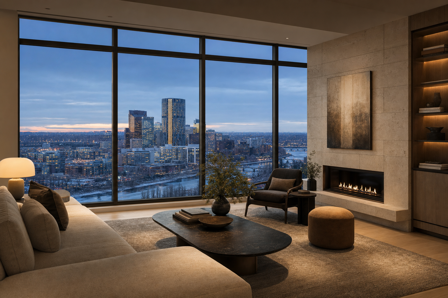 Refined Calgary luxury condominium living room at blue hour — editorial illustration.