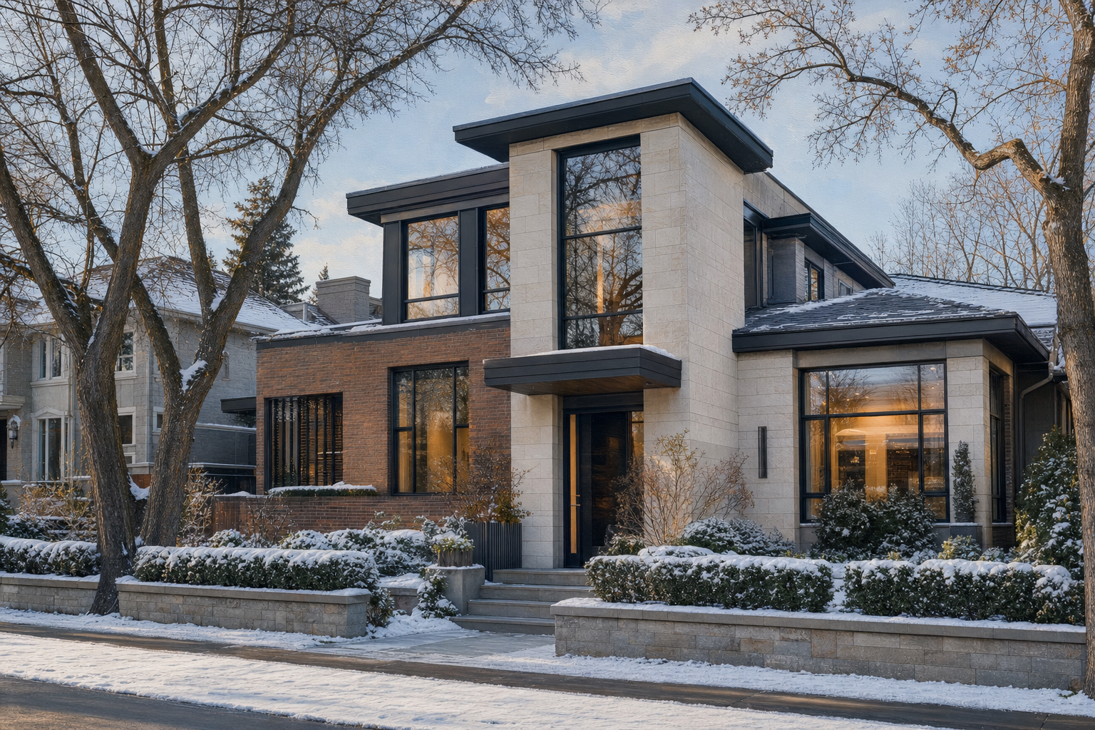 Inner-city Calgary luxury residence in winter light — editorial illustration.