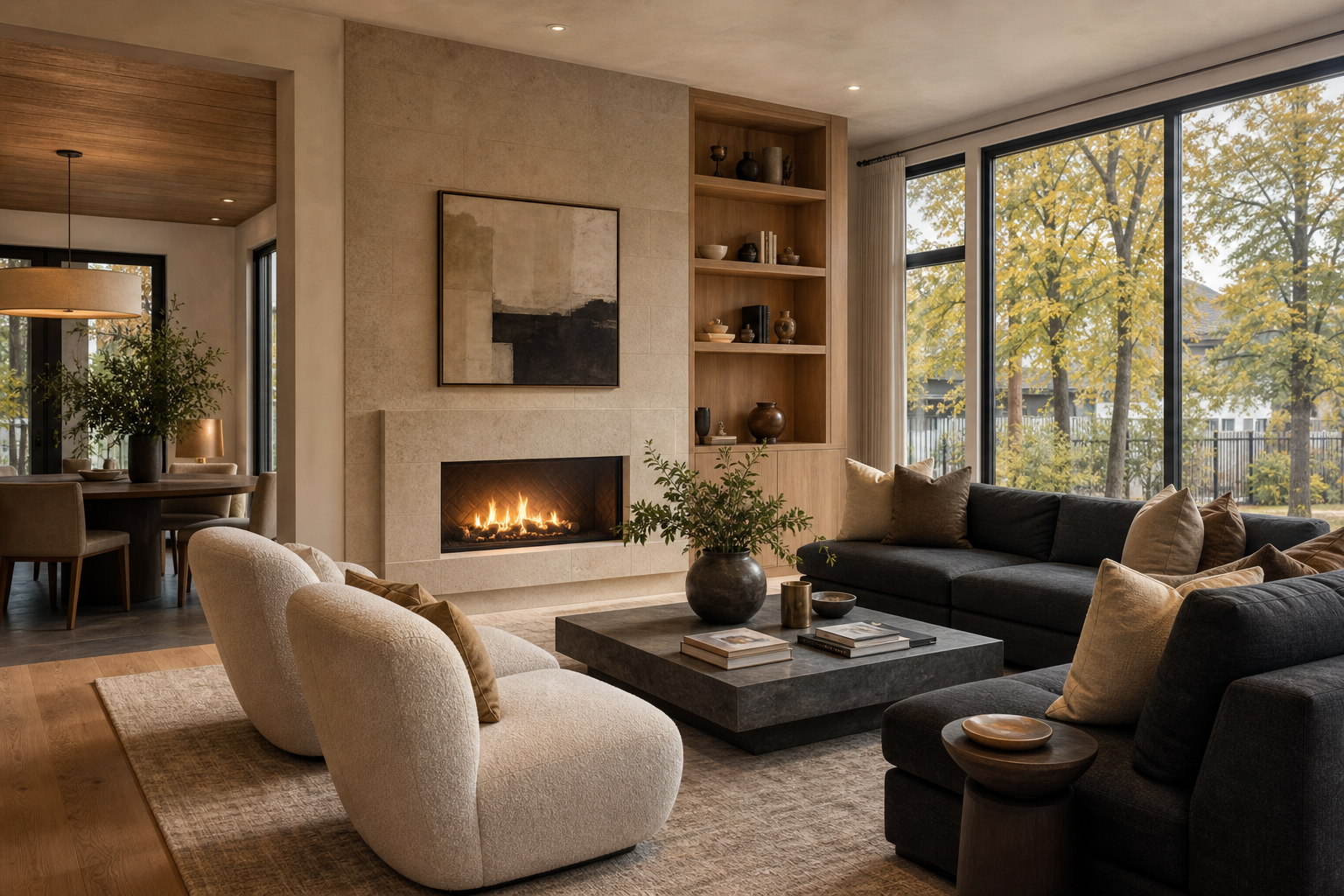 Editorial image — a renovated luxury interior with layered materials and natural light