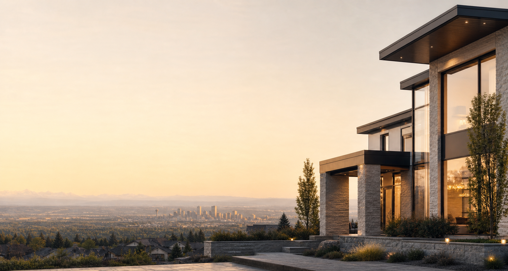 Contemporary luxury home overlooking Calgary at sunset — editorial illustration.
