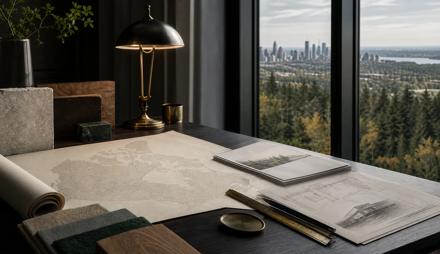 Editorial image: a research desk with a map of Canada, material samples, architectural drawings and a brass lamp beside a window overlooking forest and a distant city.