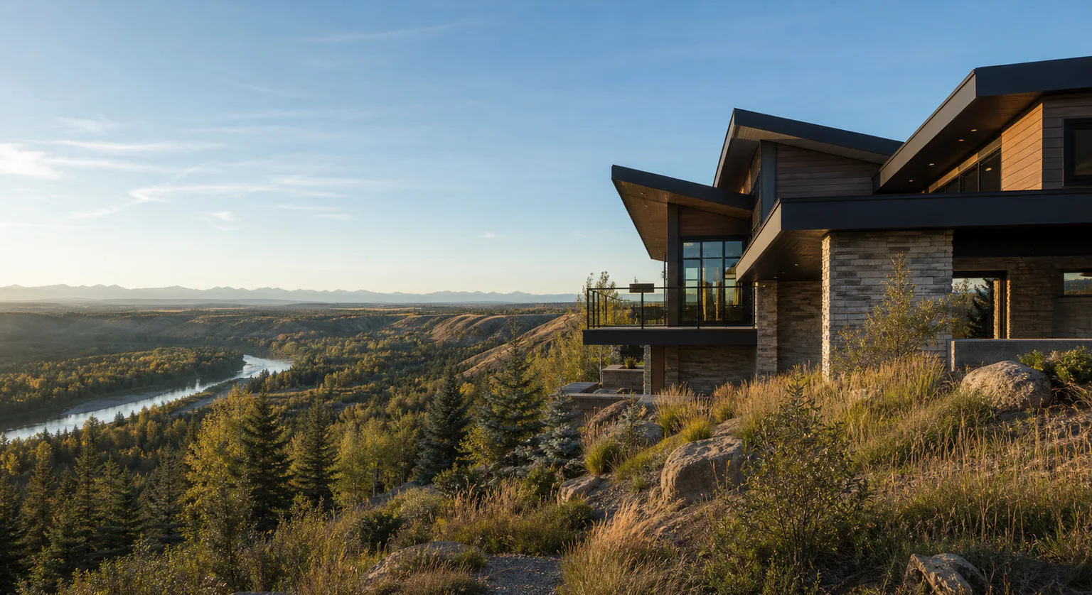 Editorial image: a modern stone and timber residence on a bluff above a wooded river valley, with the foothills and distant mountain ridgeline at sunrise.