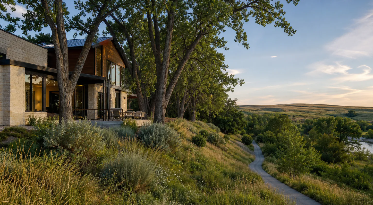 Editorial image: a stone and glass home set among mature cottonwoods above a river valley pathway, with open prairie hills beyond.